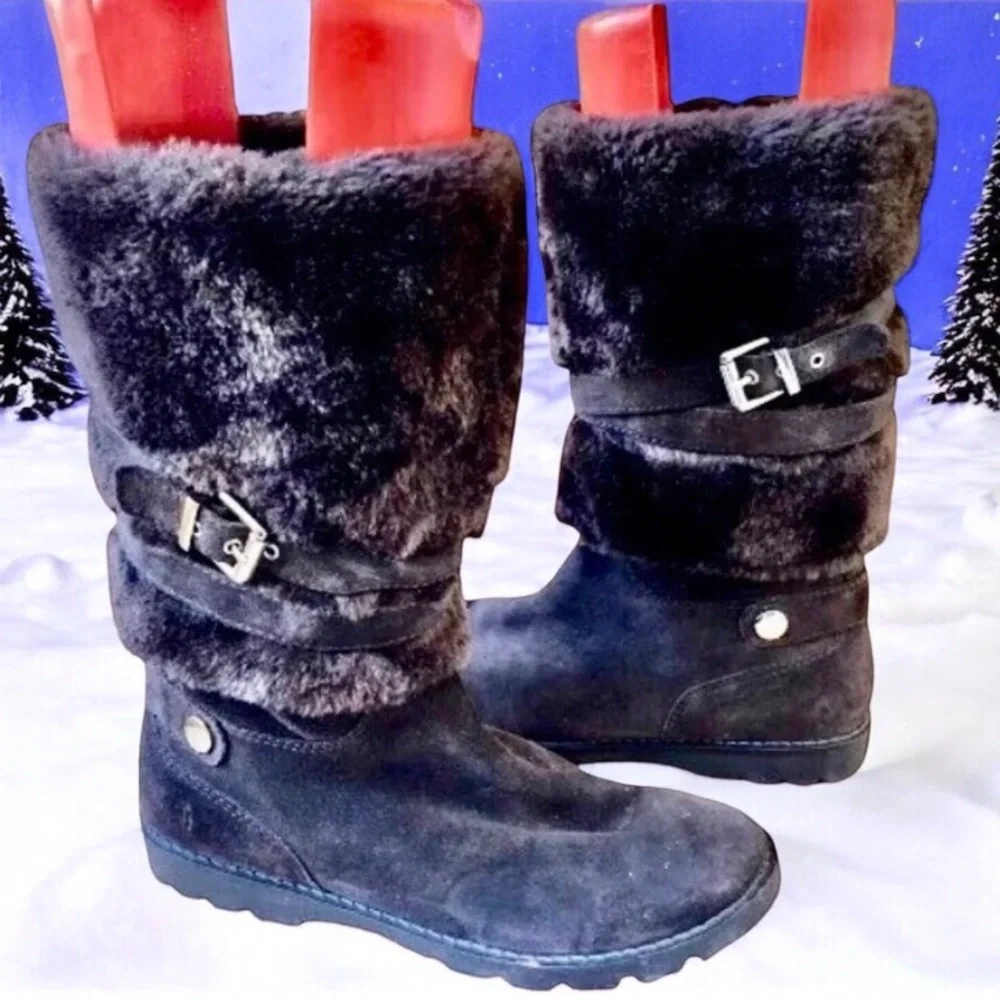 GEOX Mid-Calf Boot Dark Brown Suede Faux FUR Buckles Straps Studs